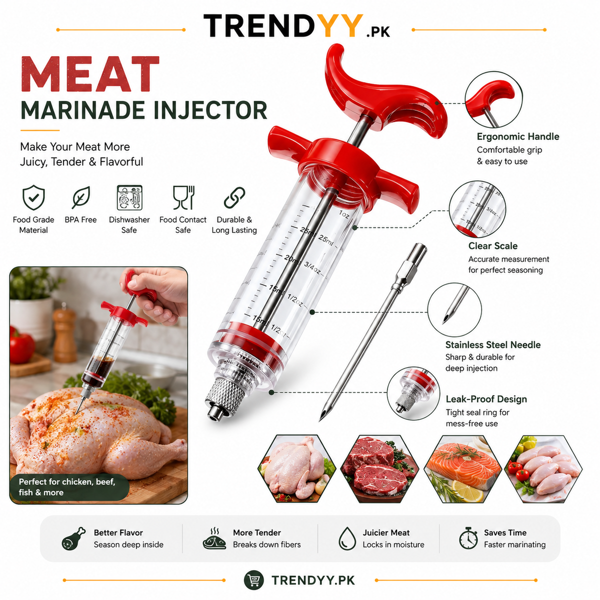 Stainless Steel Meat Marinade Injector | BBQ Chicken & Steak Tool