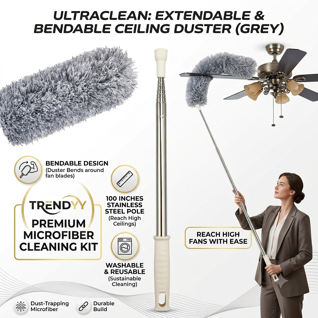 Microfiber Duster with Extension Pole (100 inches) | Bendable Cleaning Brush