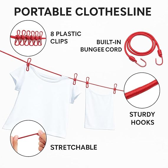 Portable Travel Clothesline Rope | 12 Clips & 2 Hooks Included | 185cm