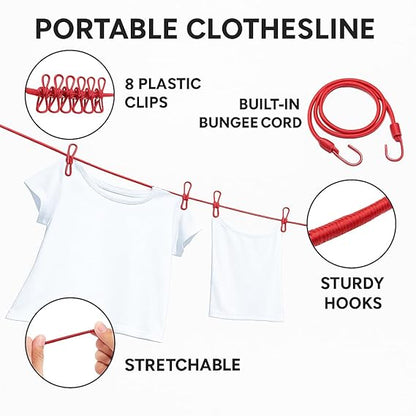 Portable Travel Clothesline Rope | 12 Clips & 2 Hooks Included | 185cm