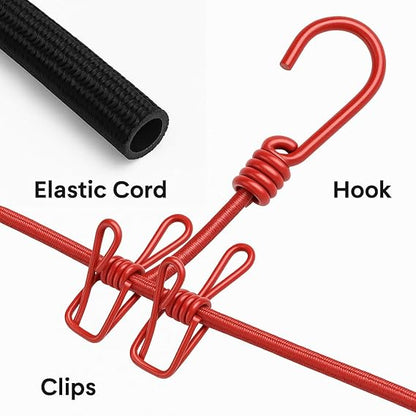 Portable Travel Clothesline Rope | 12 Clips & 2 Hooks Included | 185cm