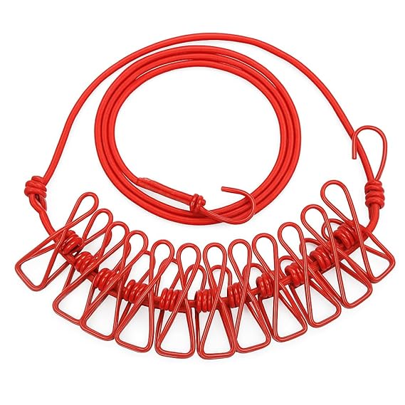 Portable Travel Clothesline Rope | 12 Clips & 2 Hooks Included | 185cm