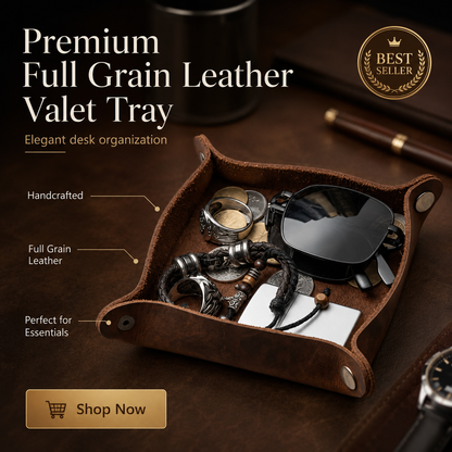 Premium Full Grain Leather Valet Tray - Handcrafted Desk Organizer for Keys, Watch & Sunglasses