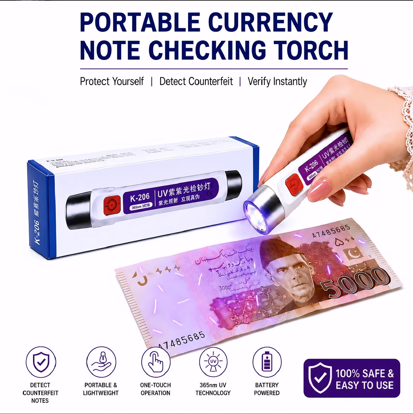 Handheld UV Money Detector | Portable Fake Note Checker Light