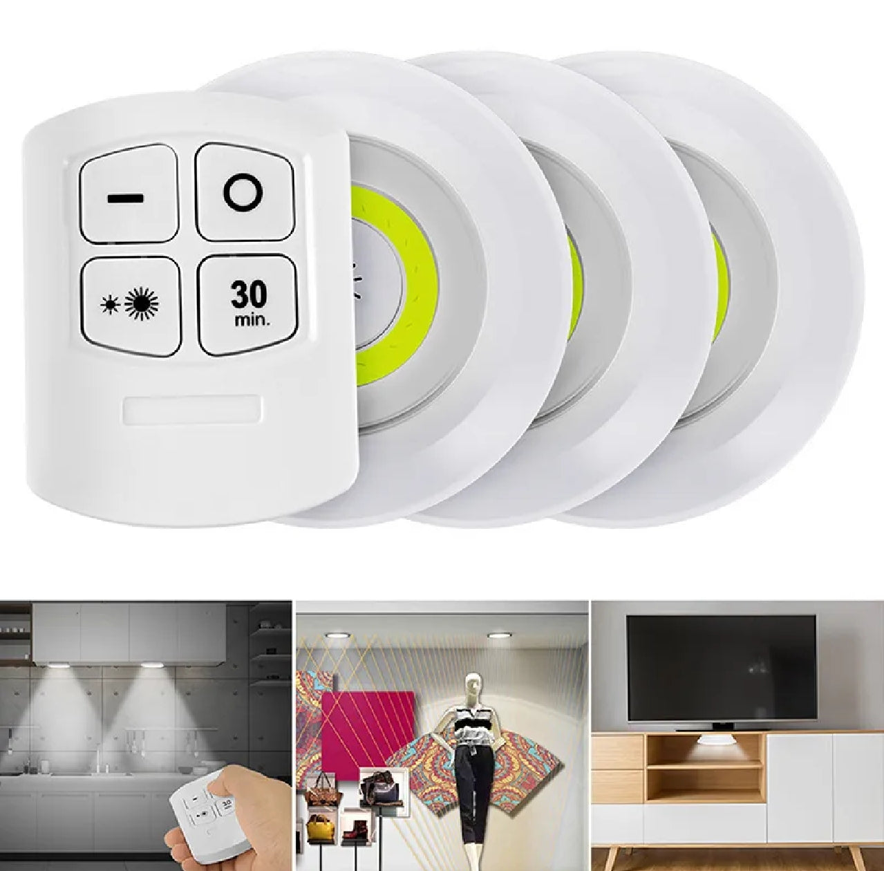 3-Pack Wireless LED Puck Lights with Remote Control