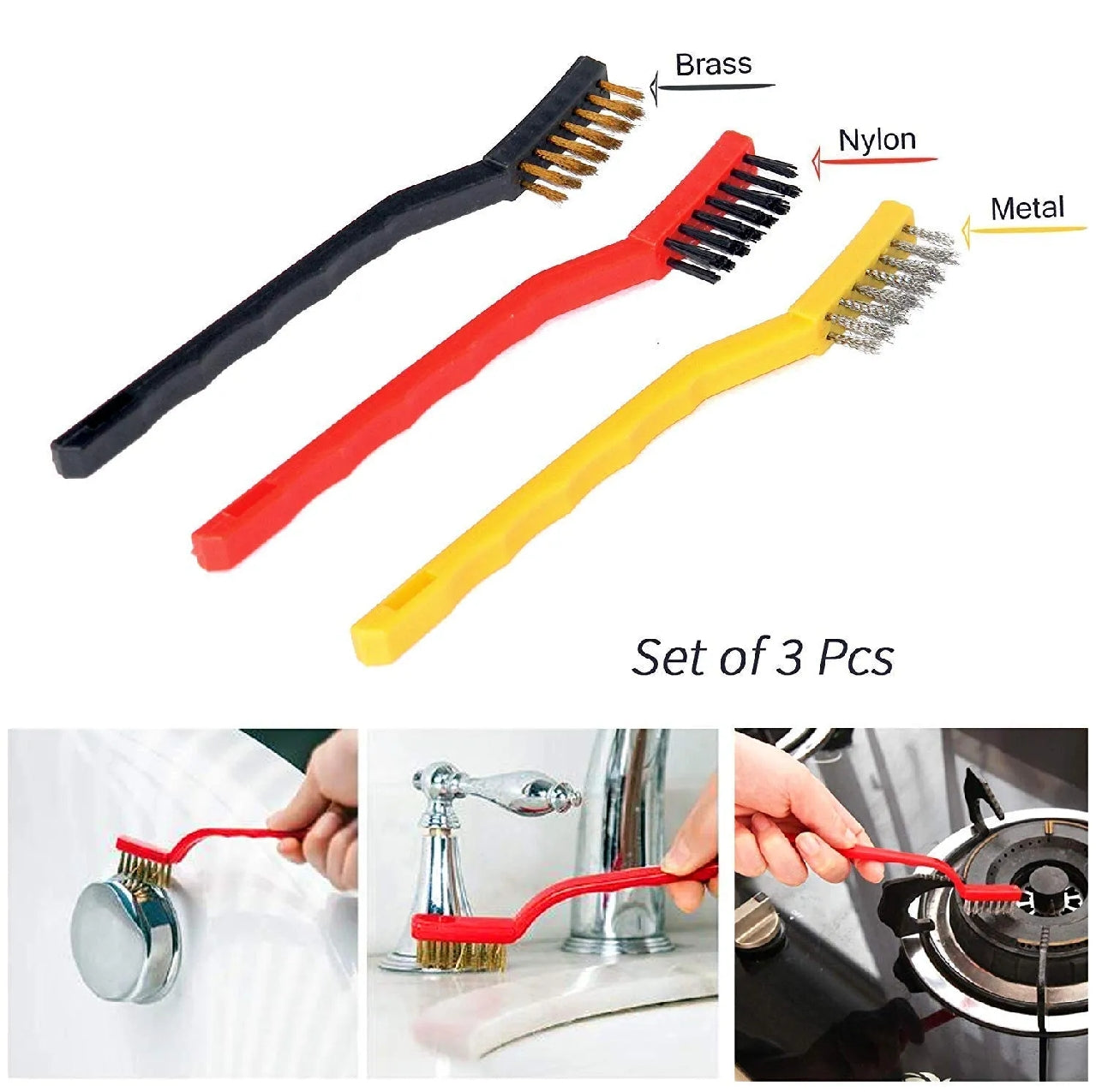 3-Pack Brass, Nylon & Stainless Steel Cleaning Brush Set
