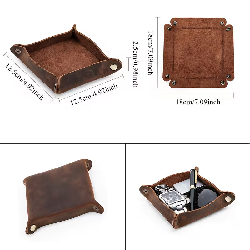Premium Full Grain Leather Valet Tray - Handcrafted Desk Organizer for Keys, Watch & Sunglasses