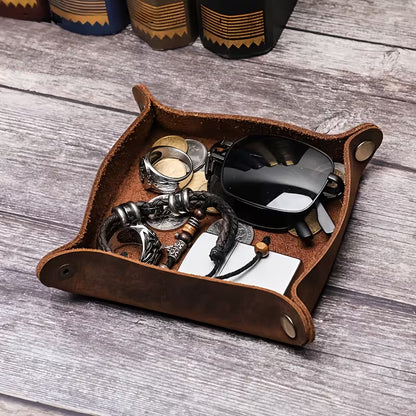 Premium Full Grain Leather Valet Tray - Handcrafted Desk Organizer for Keys, Watch & Sunglasses