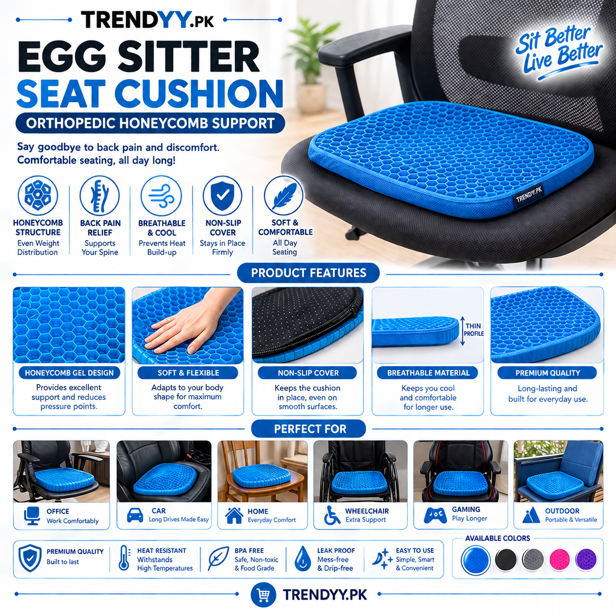 Egg Sitter Gel Seat Cushion | Honeycomb Back Pain Relief Cushion