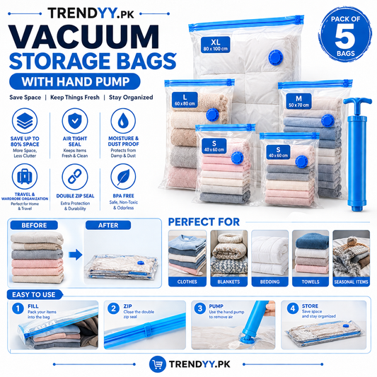 5 Vacuum Storage Bags | Space-Saving Compression Bags with Manual Pump