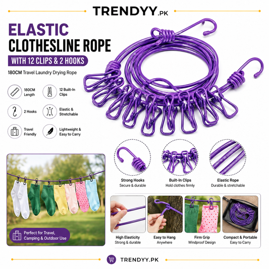 Portable Travel Clothesline | 12 Clips & 2 Hooks Included