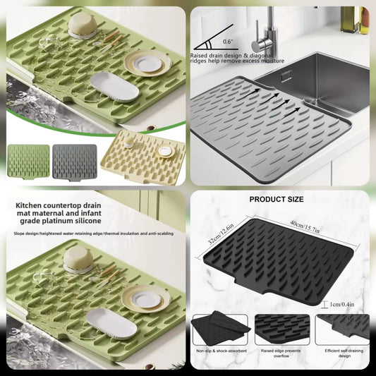 Silicone Sink Drying Mat with Drain Spout | Anti-Slip Tray
