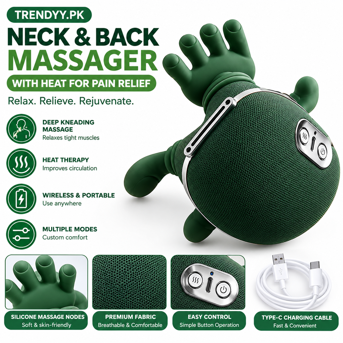 Hand-Shaped Neck & Shoulder Massager with Heat (PREMIUM QUALITY)