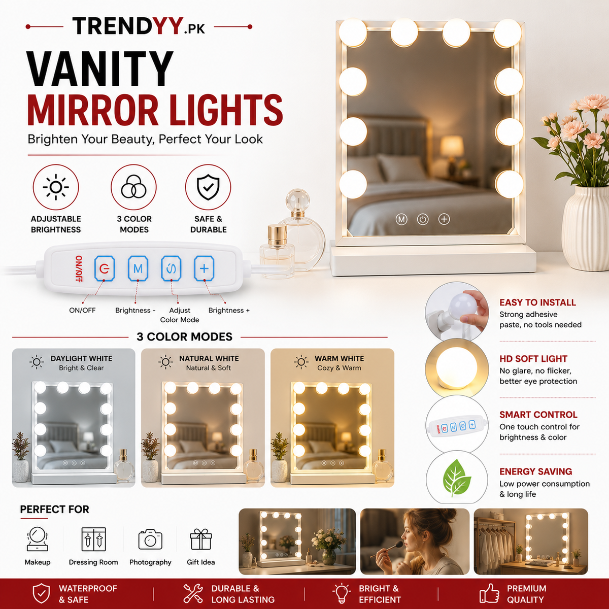 LED Vanity Mirror Lights | 3-Mode Makeup Mirror Bulbs