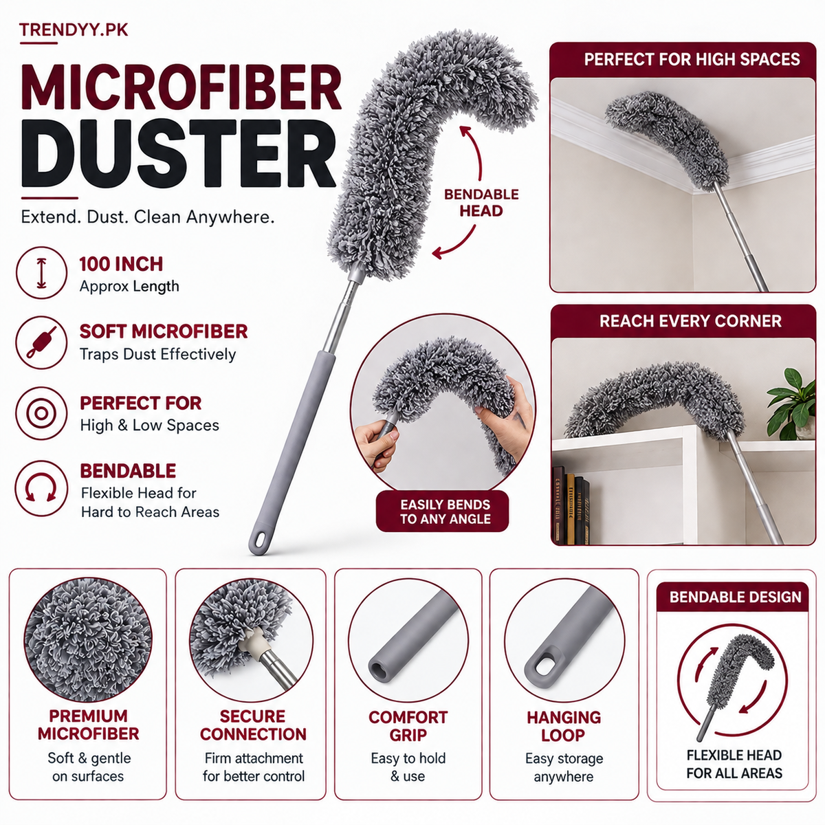 Microfiber Duster with Extension Pole (100 inches Approx) | BENDABLE